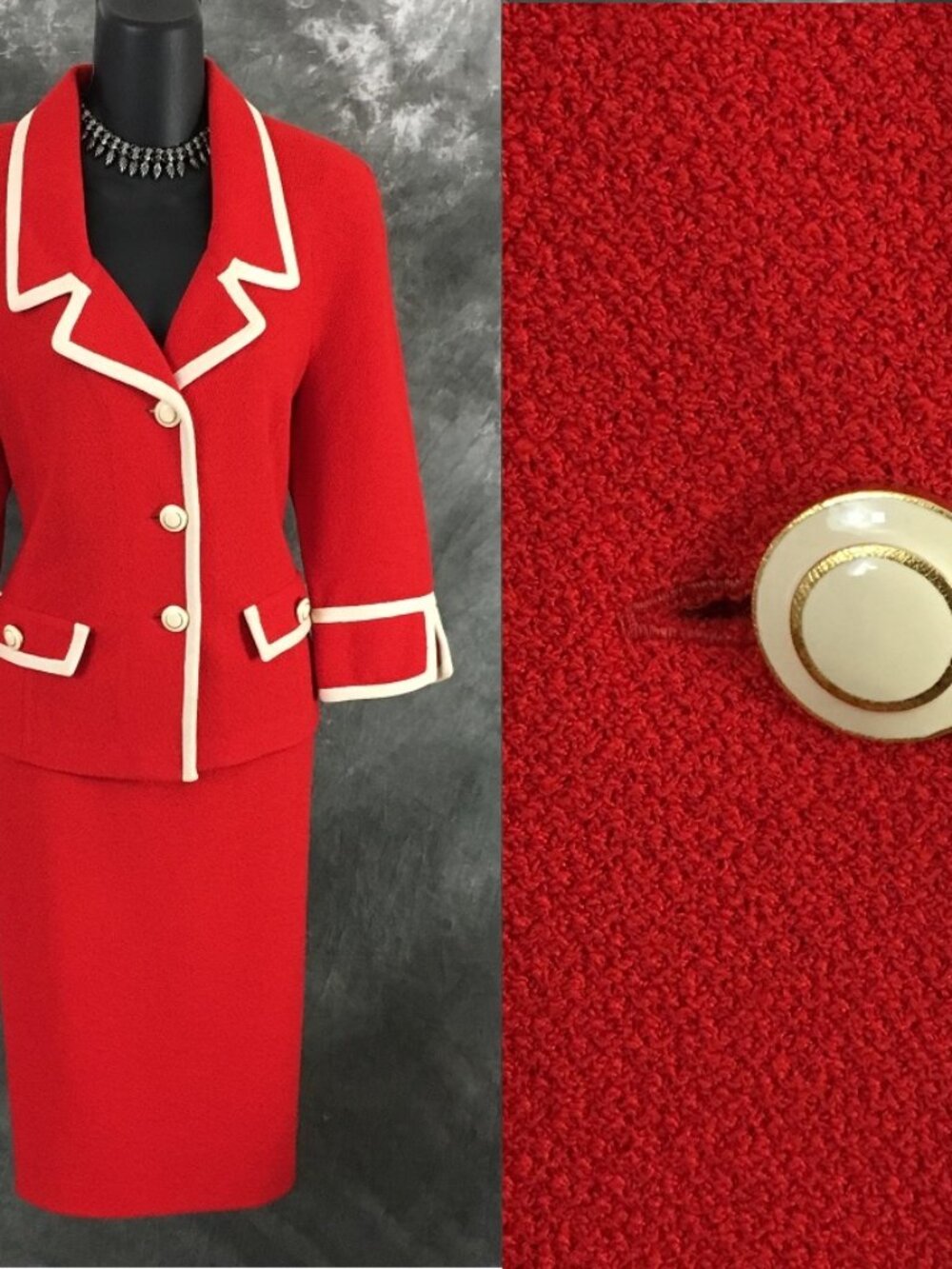 BEAUTIFUL St John collection knit red white jacket skirt suit size 8